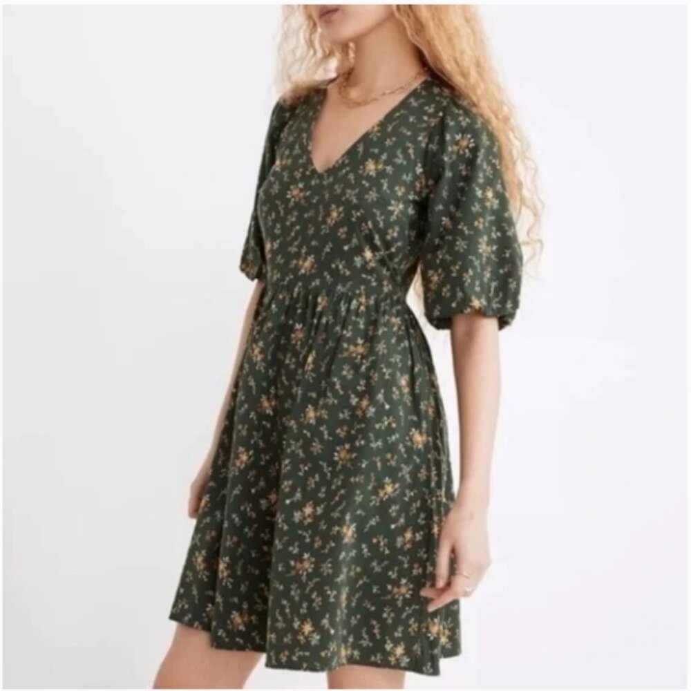 Madewell Poplin V-neck Bubble Sleeve Mini Dress in Fresh Sprigs - Picture 2 of 10